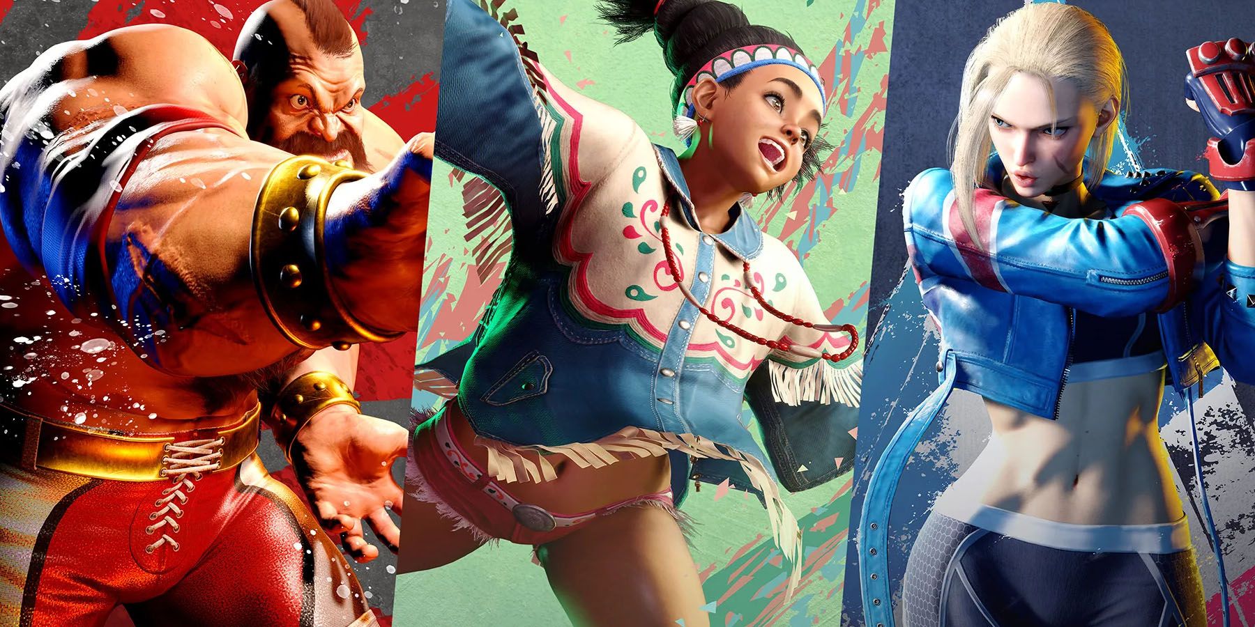 Promotional images featuring Street Fighter 6's Zangief, Lilly, and Cammy.