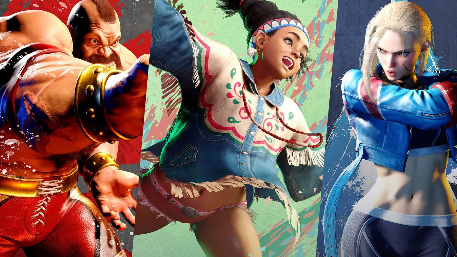 Promotional images featuring Street Fighter 6's Zangief, Lilly, and Cammy.