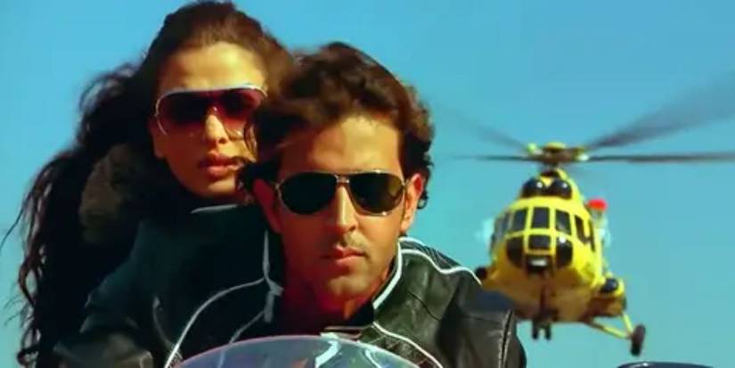 Sunehri and Aryan Singh in a helicopter chase scene from Dhoom 2