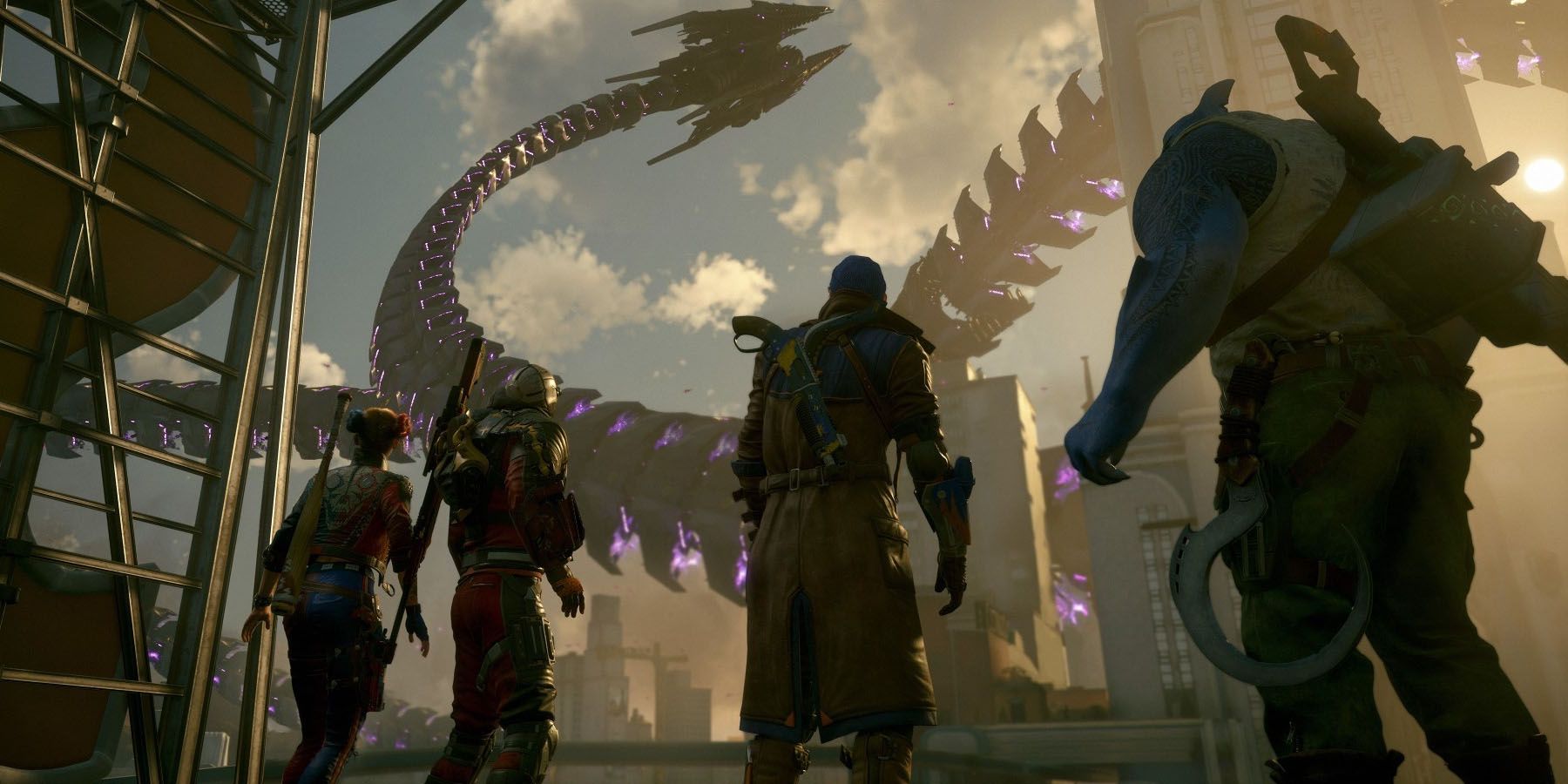 A screenshot from Suicide Squad Kill the Justice League, featuring Harley Quinn, Deadshot, Captain Boomerang, and King Shark facing off against a Skull Ship tentacle in a ruined city.