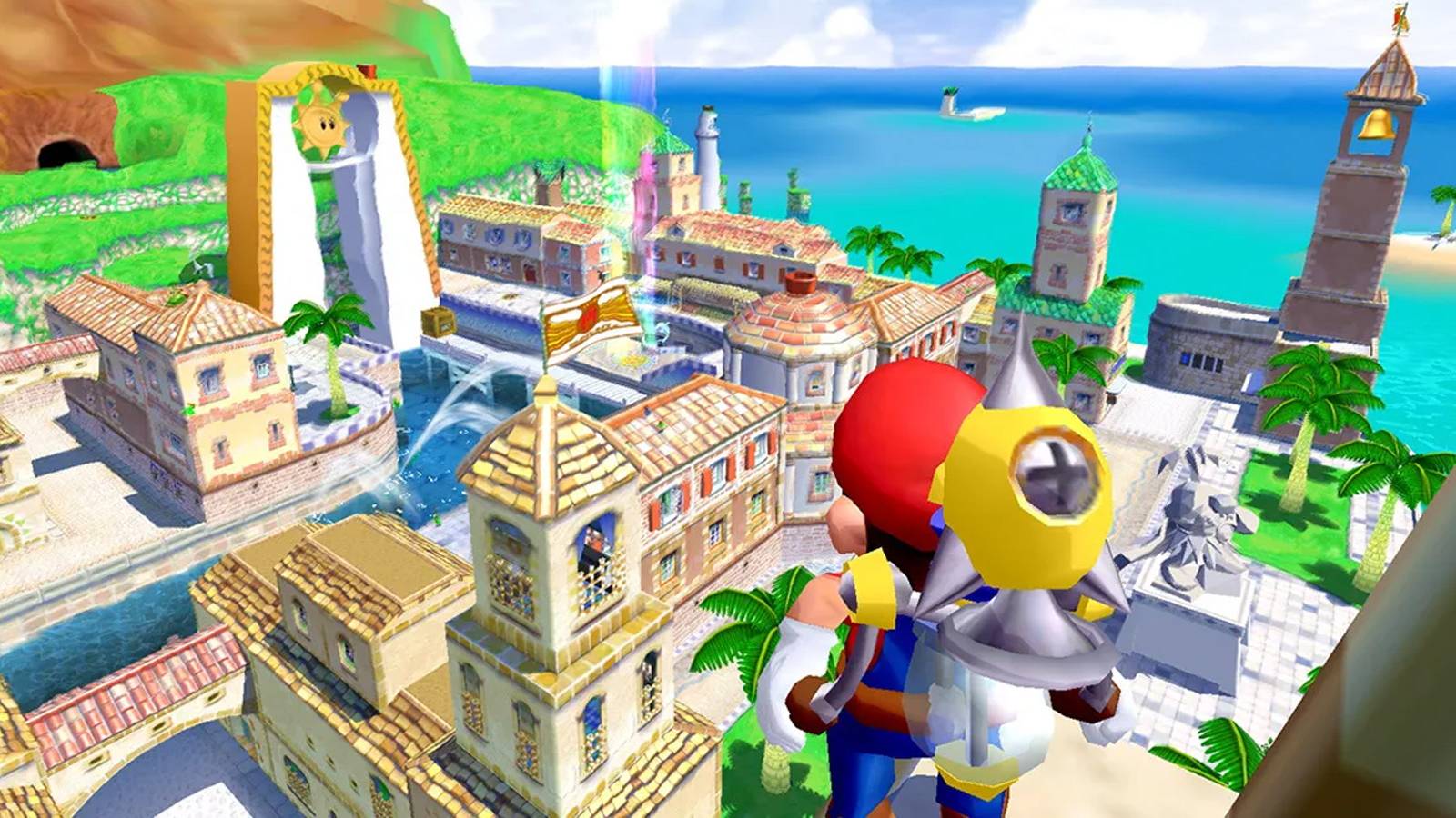 Mario overlooking Isle Delfino in Super Mario Sunshine