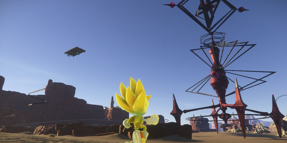 Sonic in his yellow Super Sonic form, looking out at a strider on Ares Island. Image source: gamebanana.com