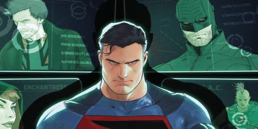 Superman with a backdrop of Midnighter and other characters on a screen