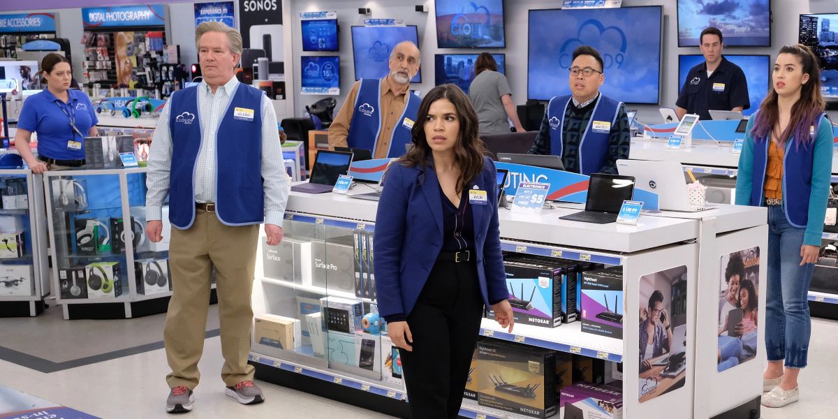 The cast of Superstore in the electronics department