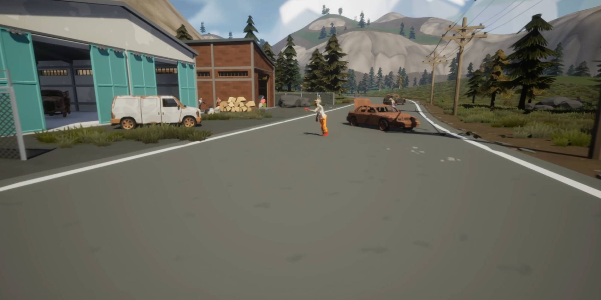 Zombies walking around the environment of SurrounDead on a road next to broken down cars