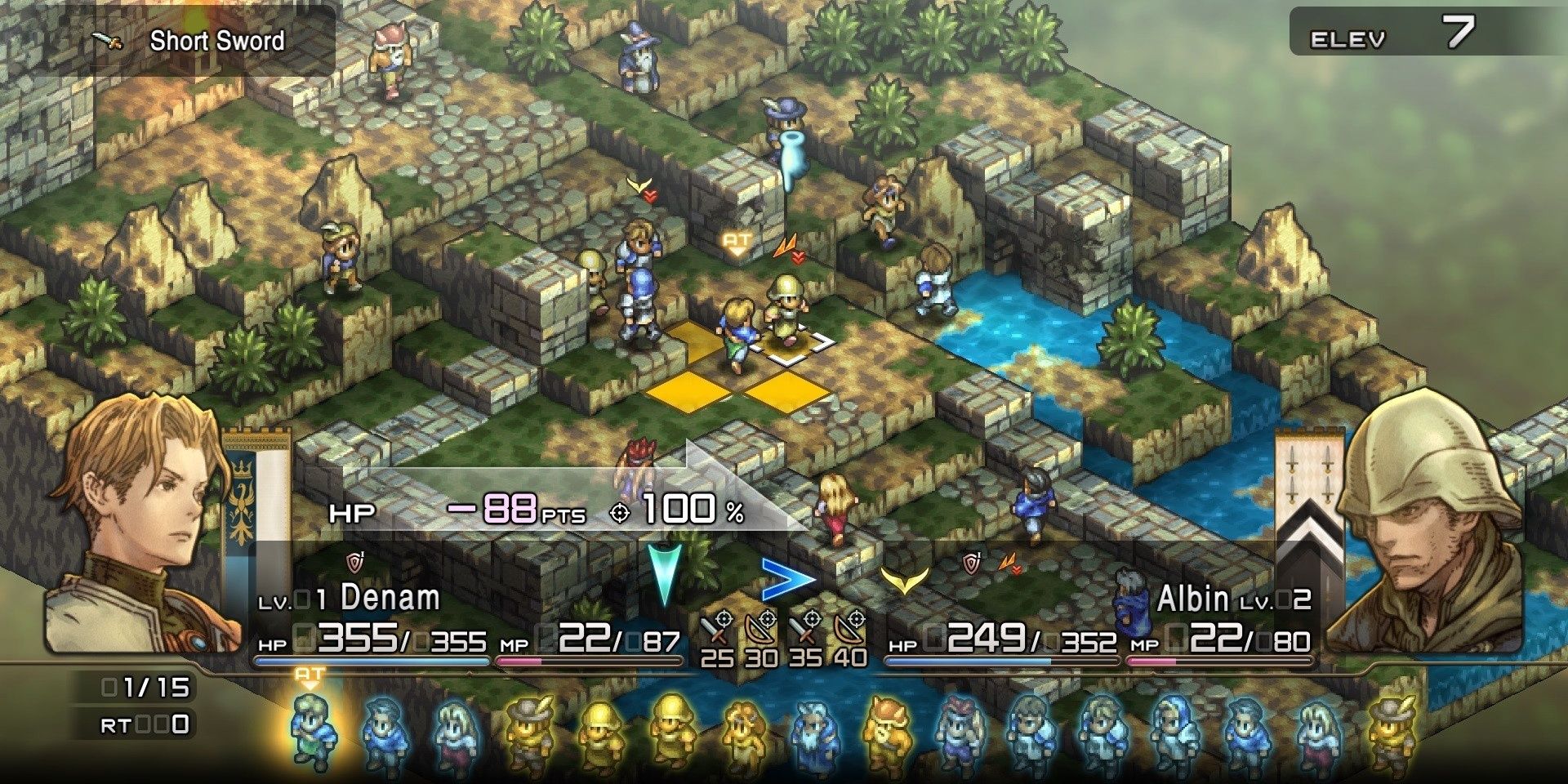 A typical battle in Tactics Ogre Reborn where the main character prepares an attack.