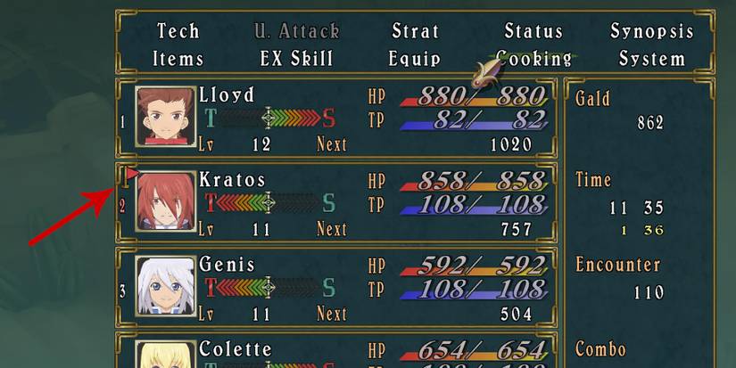 Tales of Symphonia select the controlled character