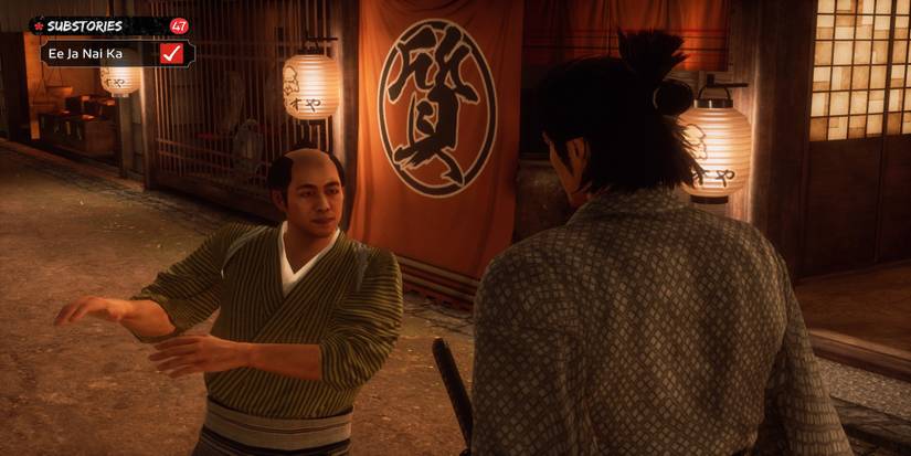Talking to an NPC in Like a Dragon Ishin