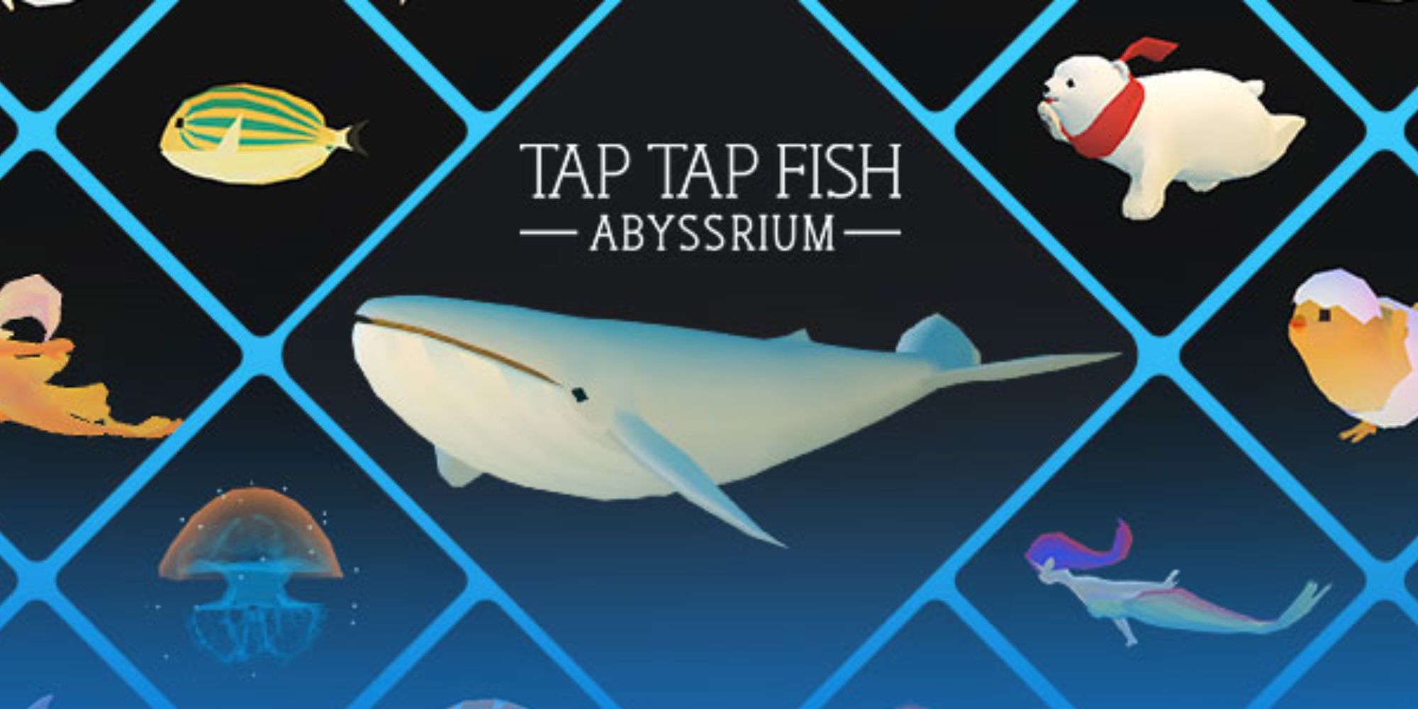 Cartoon whale against blue background with caption 'tap tap fish abyssrium'