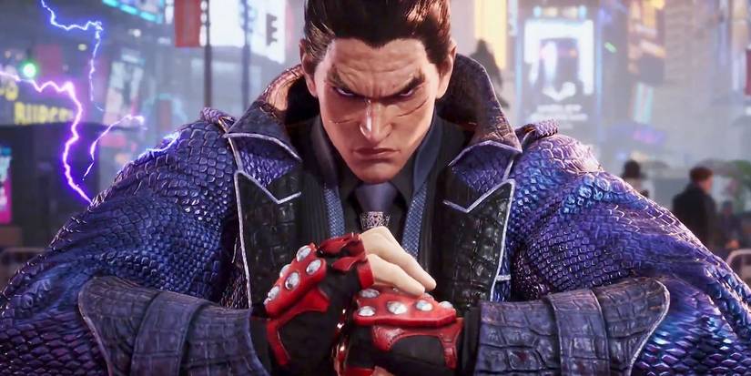 A Tekken 8 screenshot featuring Kazuya Mishima as he readies himself for battle.