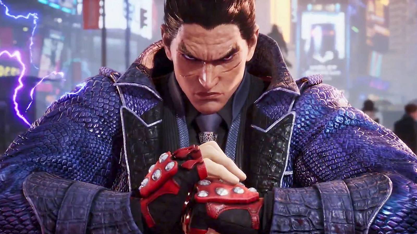 A Tekken 8 screenshot featuring Kazuya Mishima as he readies himself for battle.