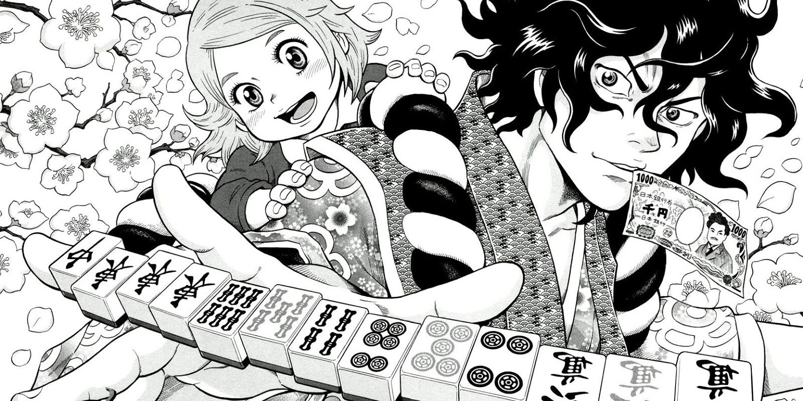 Rinji and his daughter from Tetsunaki no Kirinji with money, mahjong tiles, and cherry blossoms in the background