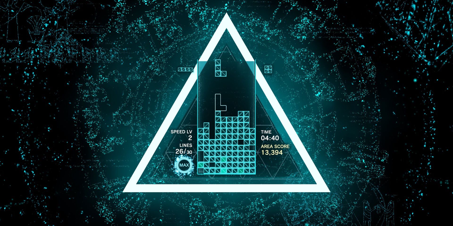 A Tetris game that is being played on top of a glowing triangle in Tetris Effect