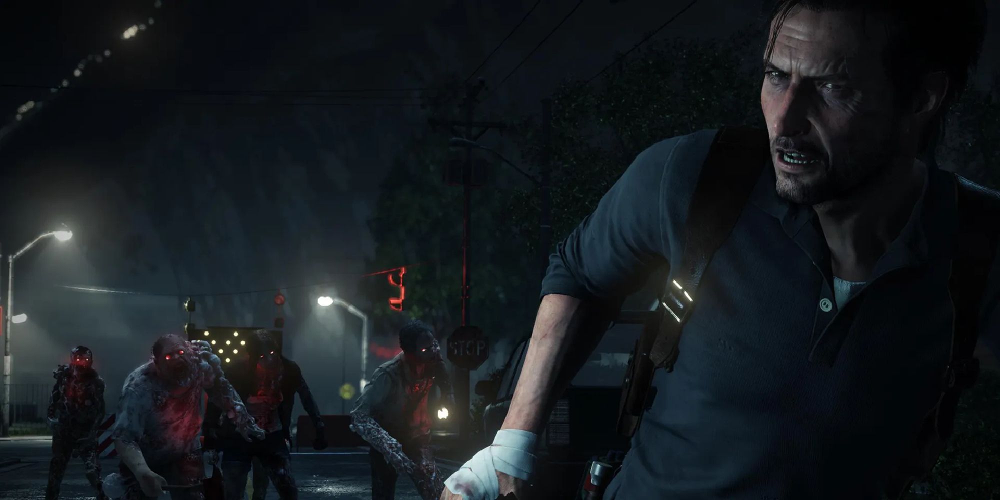 The main character of the series, Sebastian, is running away from a crowd of enemies.