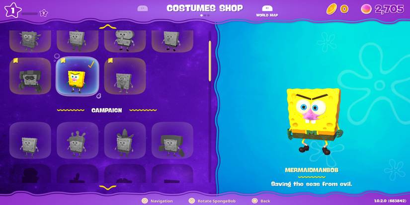 The costume menu in SpongeBob SquarePants The Cosmic Shake
