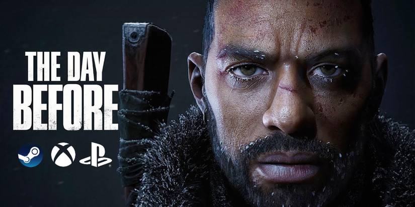 The Day Before Logo and Background with logos of PS, XBOX, and Steam