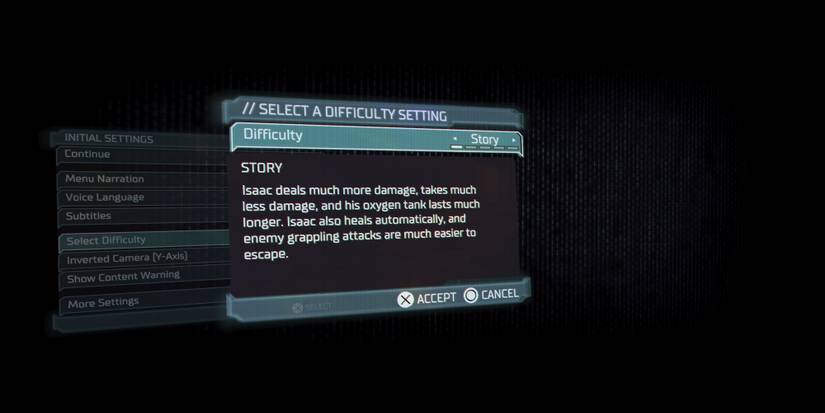 The difficulty menu in the Dead Space remake