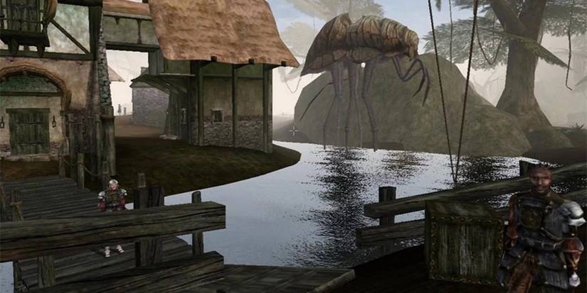 Image from The Elder Scrolls 3: Morrowind showing the fishing village of Seyda Neen.