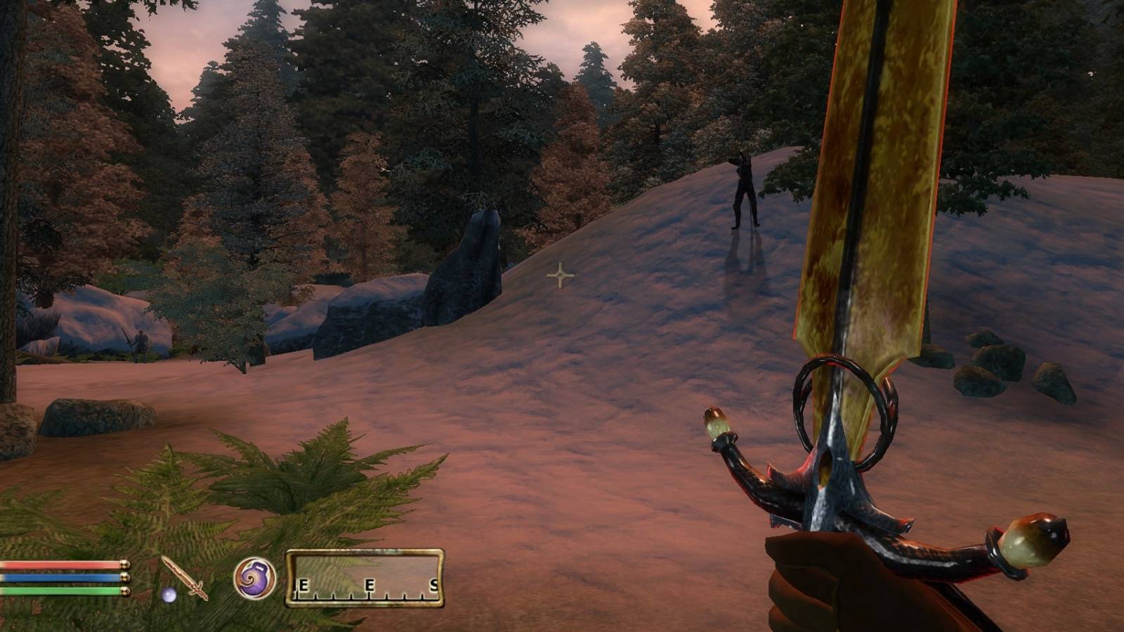 Screenshot from Oblivion showing the player holding a mighty sword as an archer fires in the distance.
