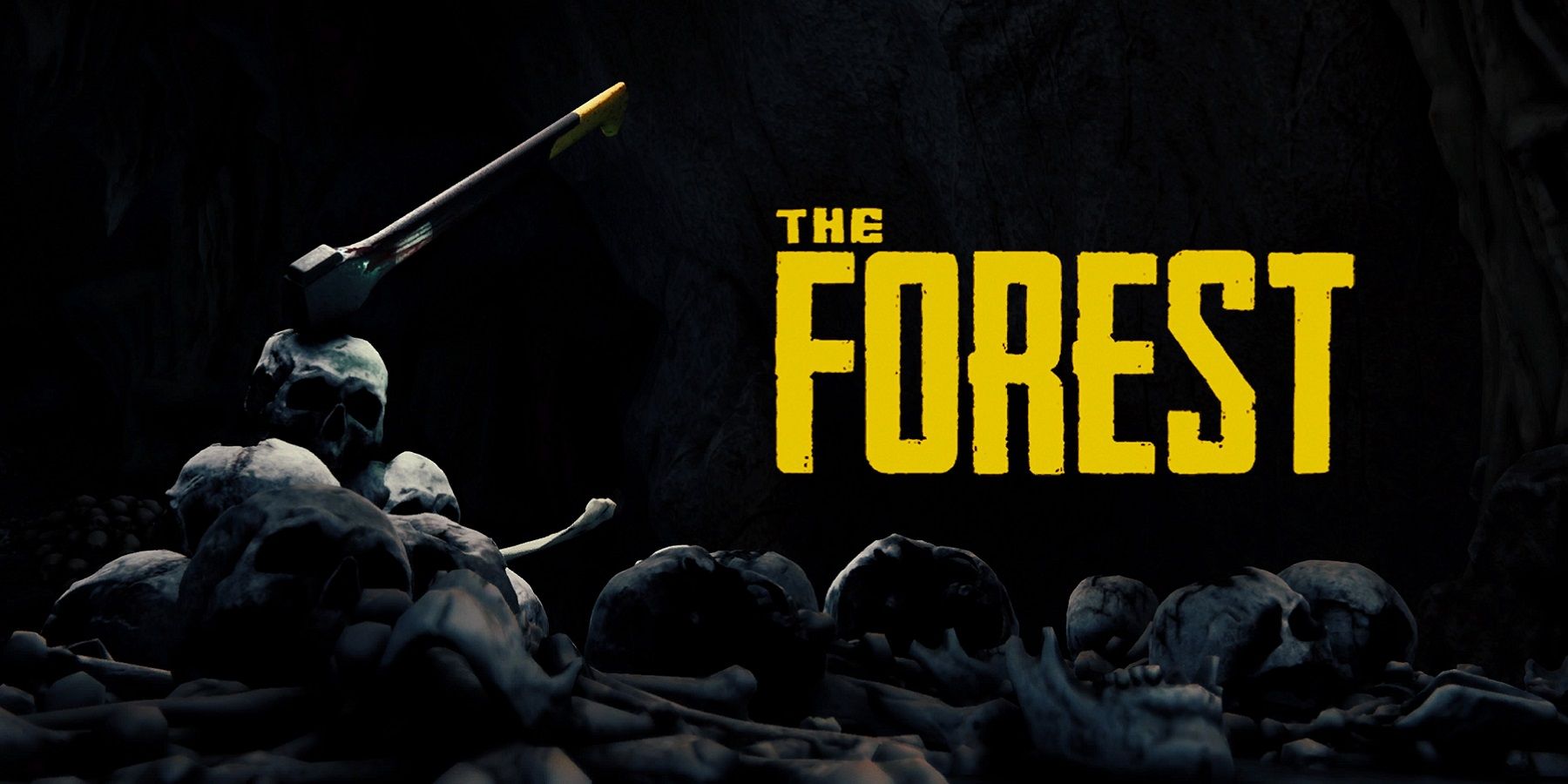 The Forest logo next to a hatched that's buried in some skulls.
