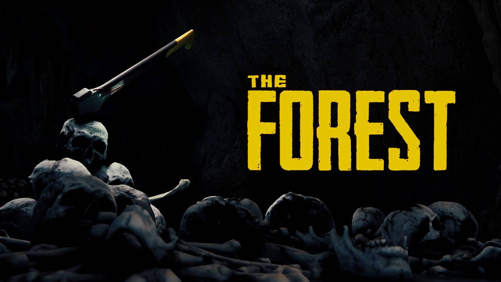 The Forest logo next to a hatched that's buried in some skulls.