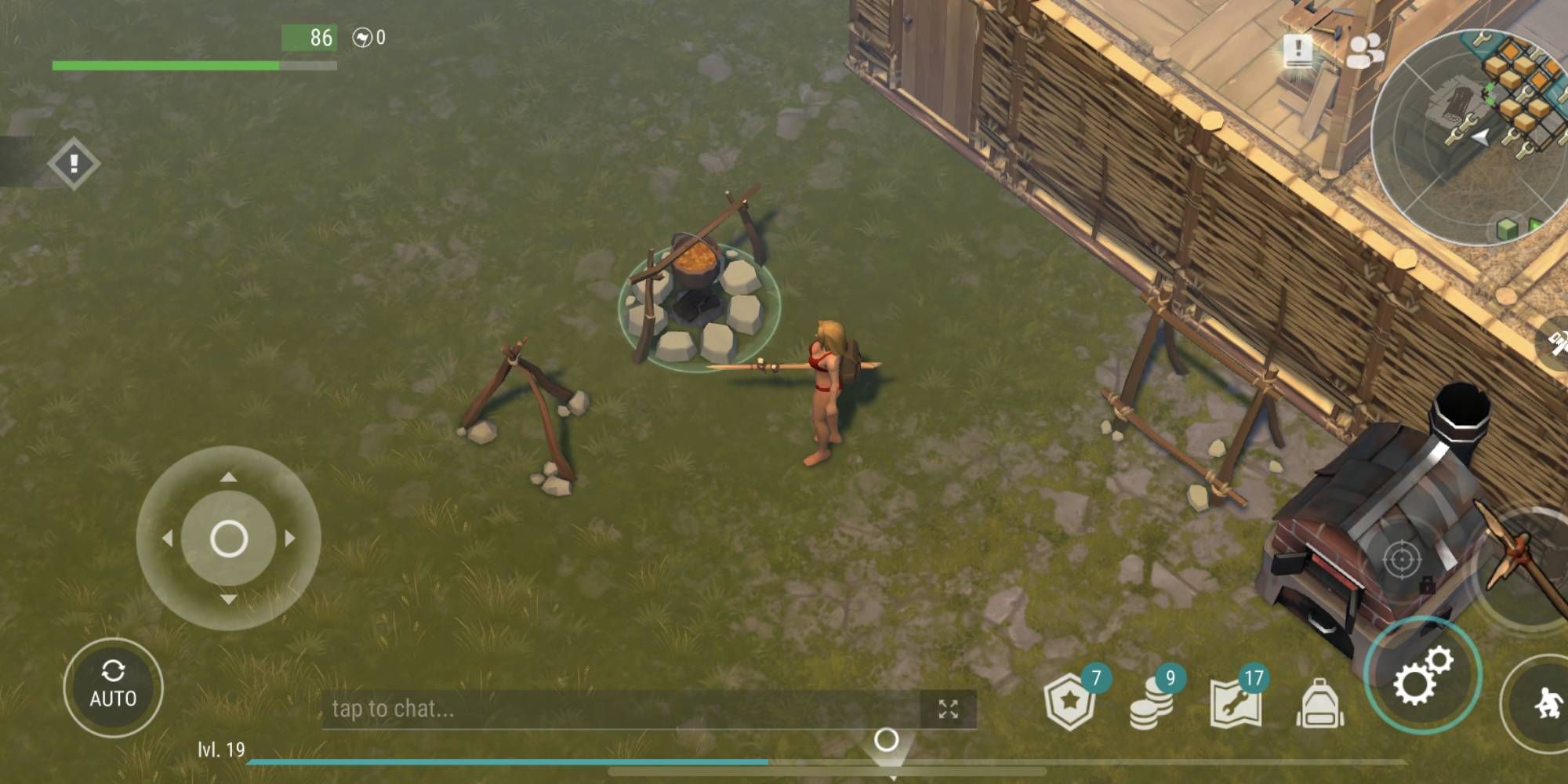 A player home base with a fire pit and a player with a spear standing in the middle of the image