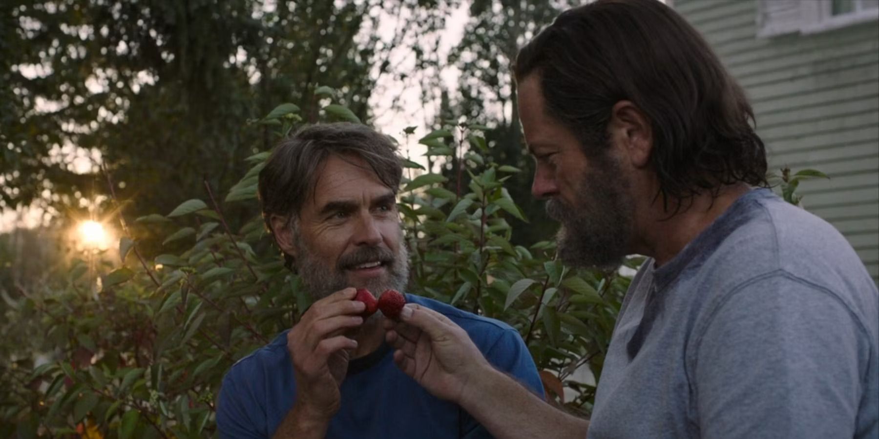 Bill and Frank eating strawberries in The Last of Us.