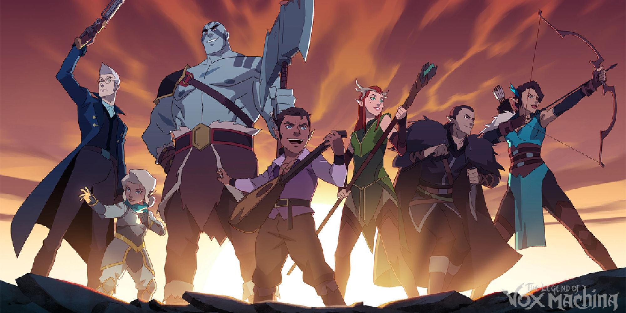 Vox Machina lined up in heroic poses, brandishing their weapons. 