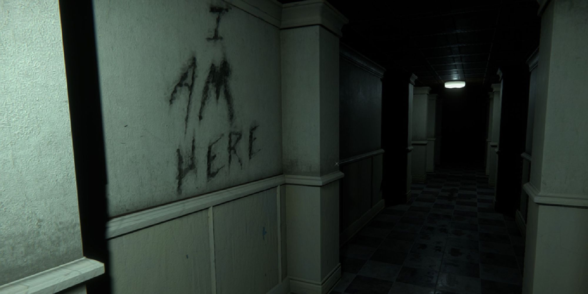 One of the dark and creepy corridors of the morgue, on the wall of which is written 