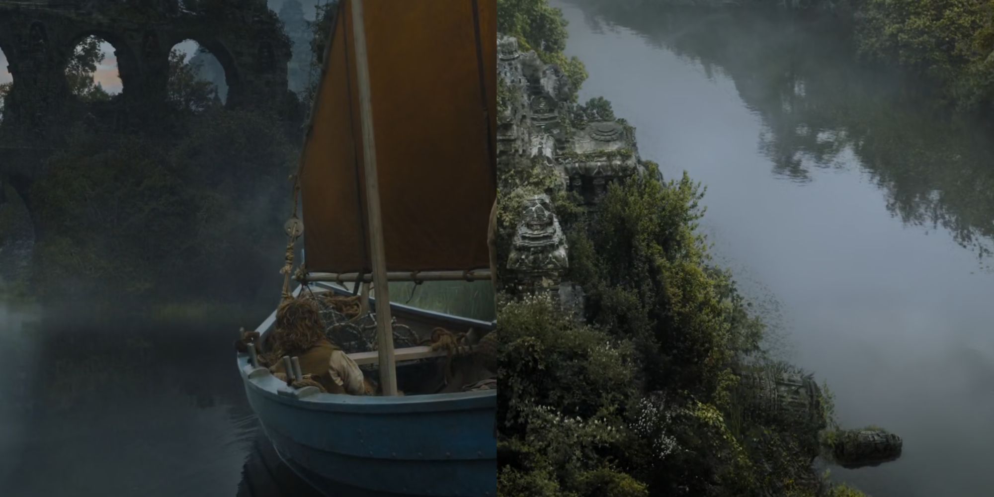 Imagem dividida mostrando Tyrion e Sor Jorah navegando pelas ruínas de Valíria em Game of Thrones.