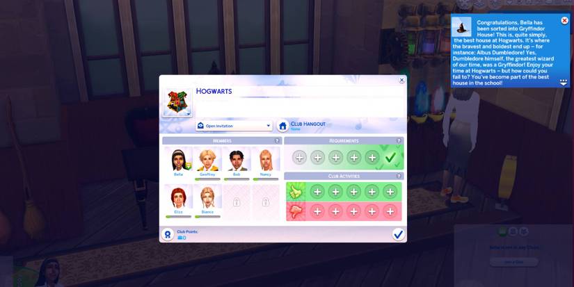 The club system used to make a Hogwarts club in The Sims 4