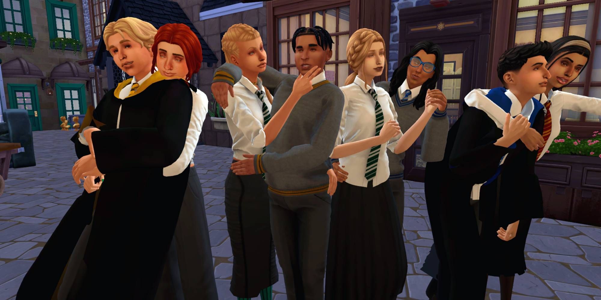 Eight teen Sims showcasing the Hogwarts Uniform CC