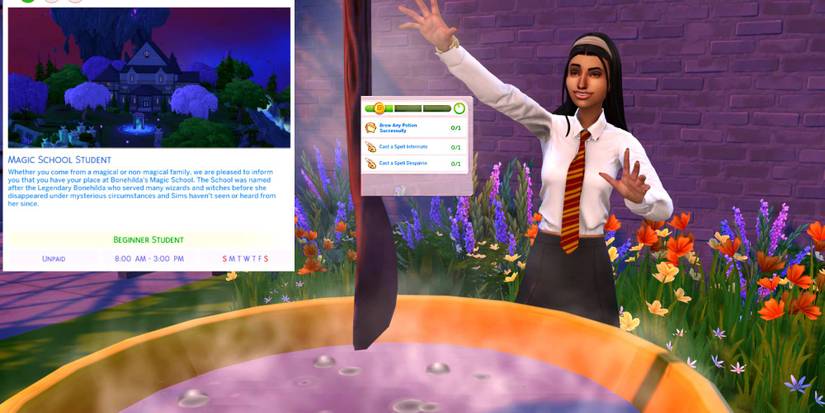 Teen Sim Bella Bachelor brewing a potion during her final exam at the magic school, showcasing the magic school career