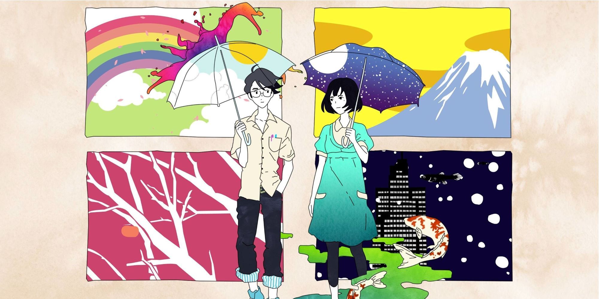 The two main characters from The Tatami Galaxy holding umbrellas