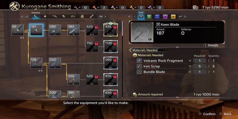 The weapon upgrade menu in Like a Dragon Ishin