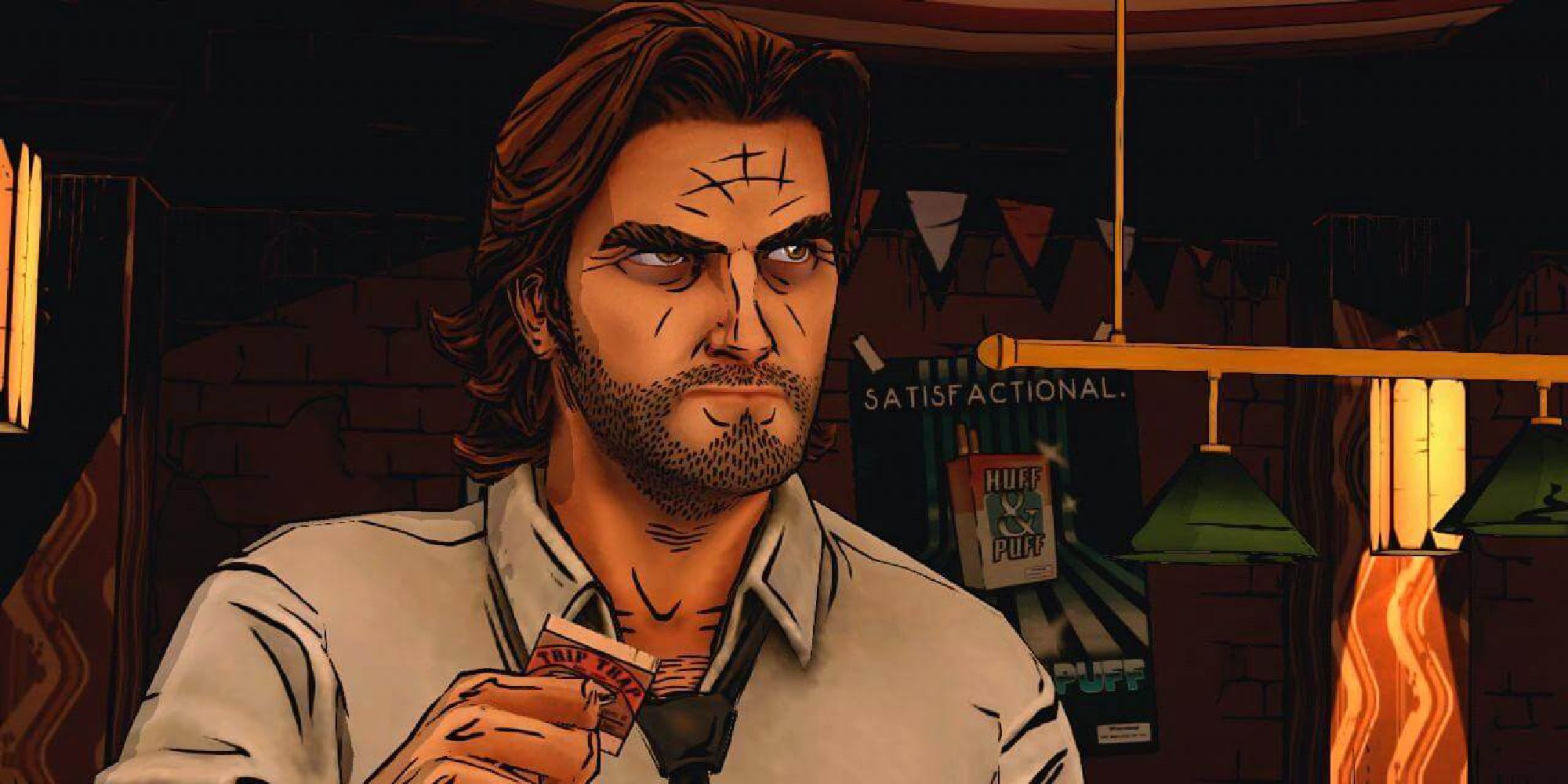 Bigby Wolf stands in a air, fixing a character off screen with a look of suspicion. 