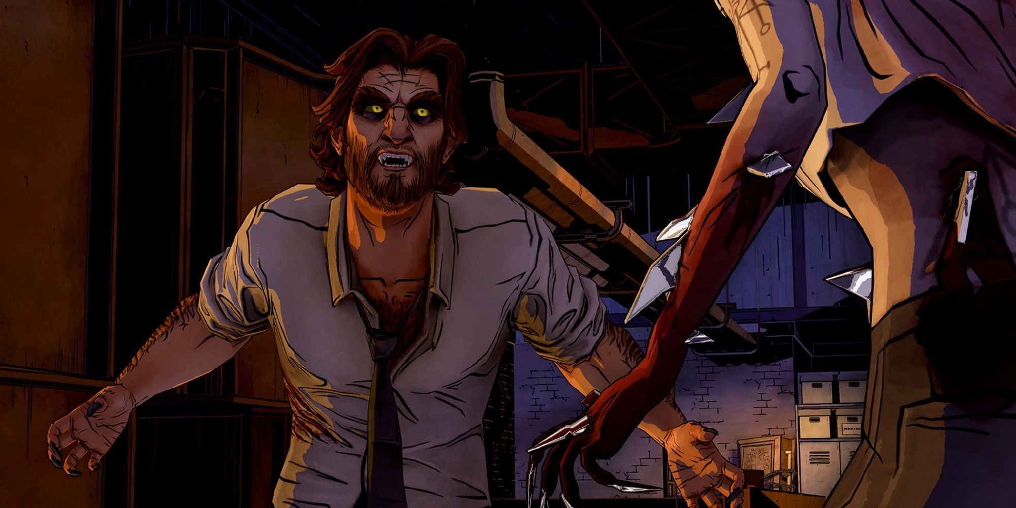 The Wolf Among Us Bigby facing off against Bloody Mary in his partial wolf form.