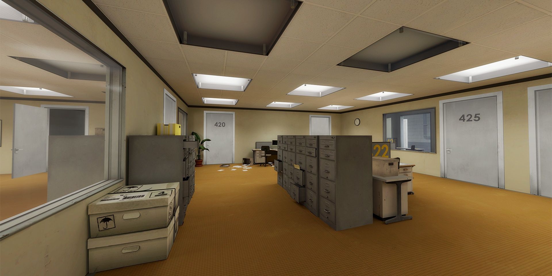 The main office of The Stanley Parable, with doors 420 and 425 visible in the background
