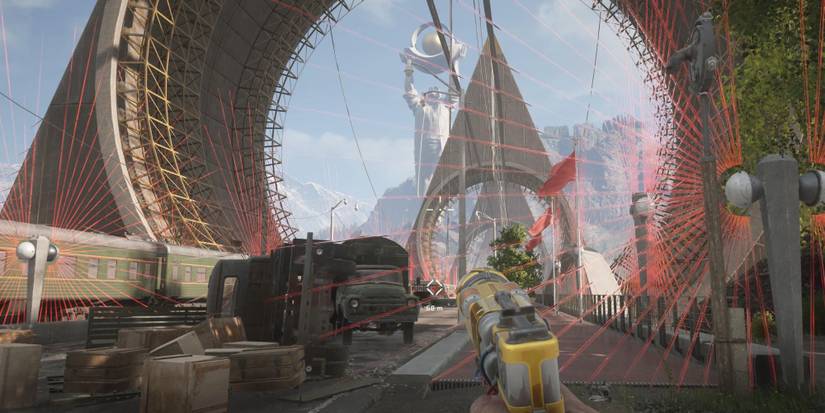 A player looking at the bridge and Titan on the other side in Atomic Heart