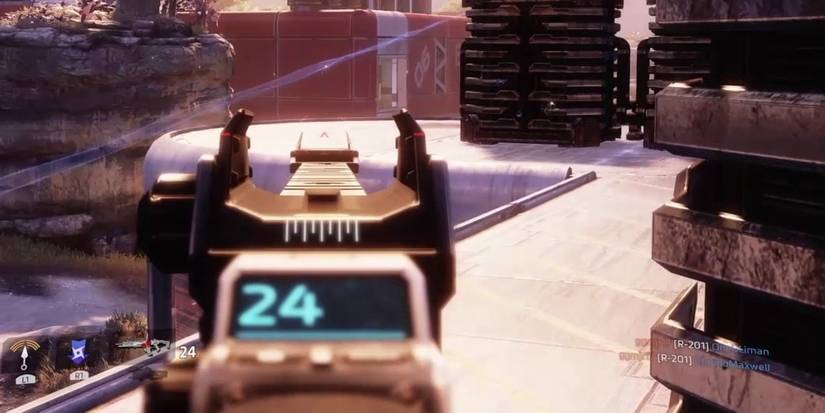 titanfall 2 player aiming down the sights of the r 201 
