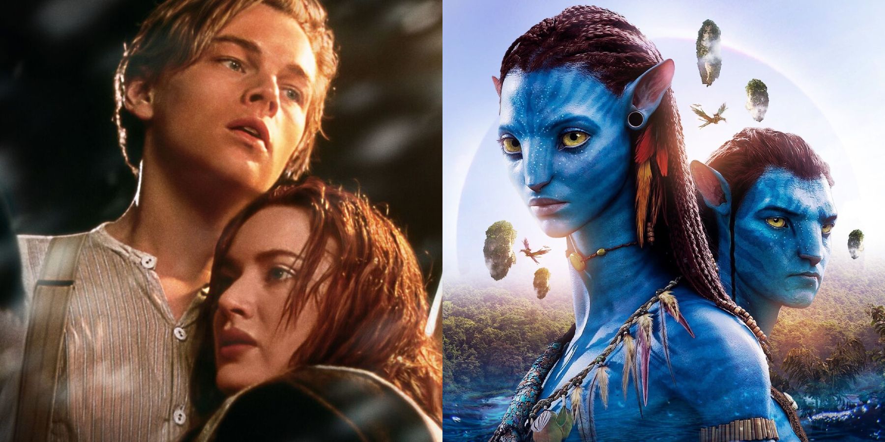 Jack and Rose in Titanic and Avatar: The Way of Water poster split image