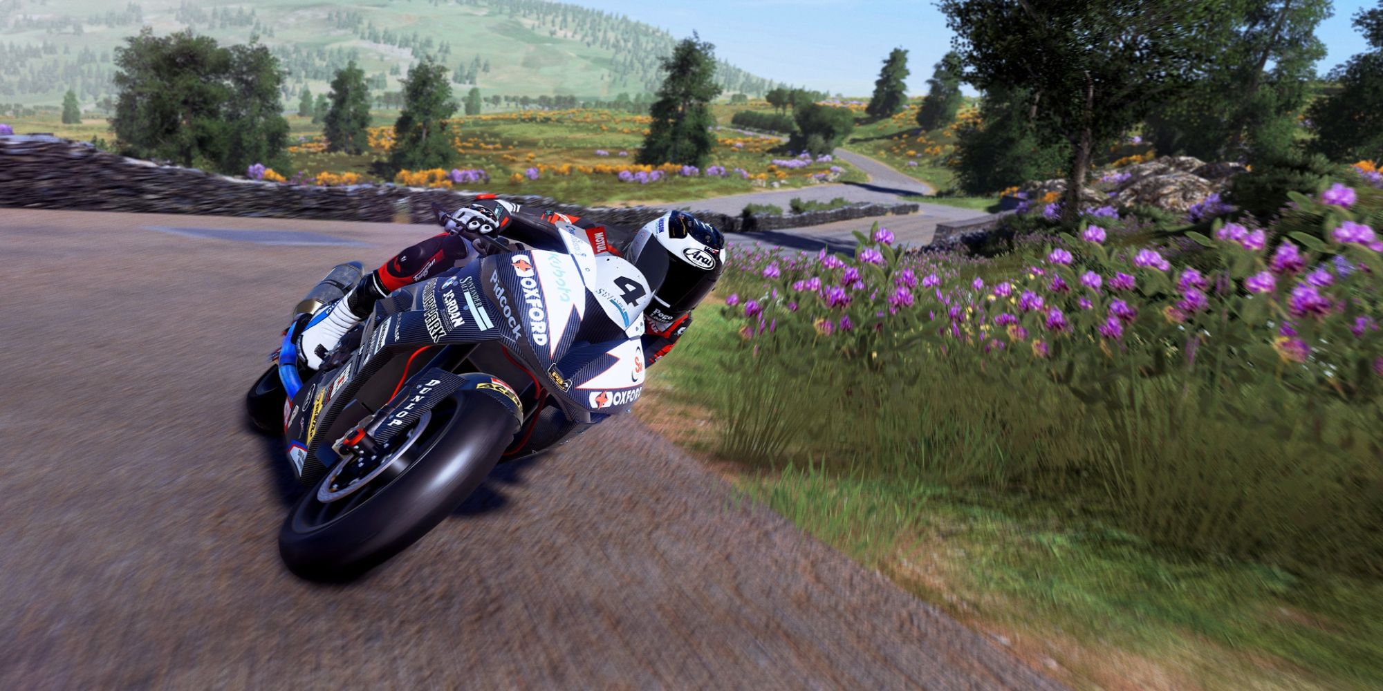 Player rides close to a patch of beautiful purple flowers
