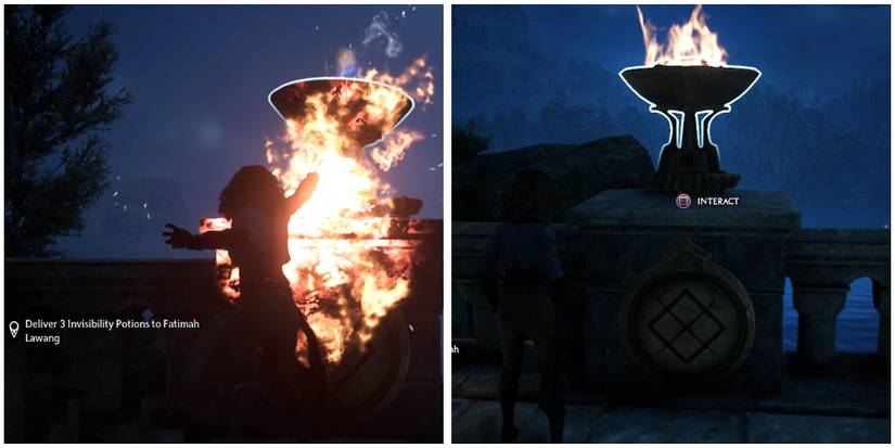 using a fire spell to light up the brazier on the bridge in hogwarts legacy
