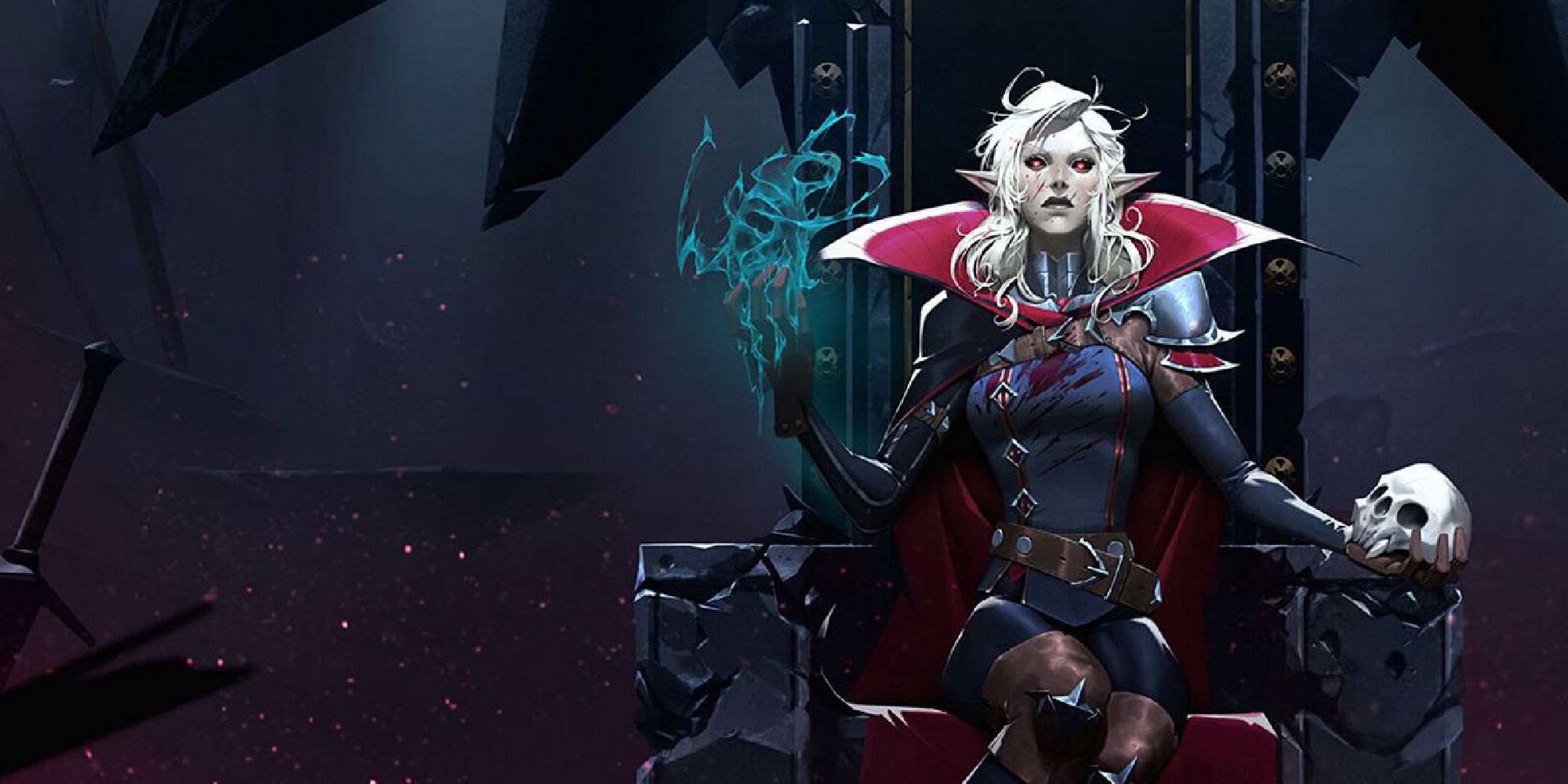 Promotional art opf V Rising featuring a white-haired woman on a throne, a spell in one hand, a skull in the other.