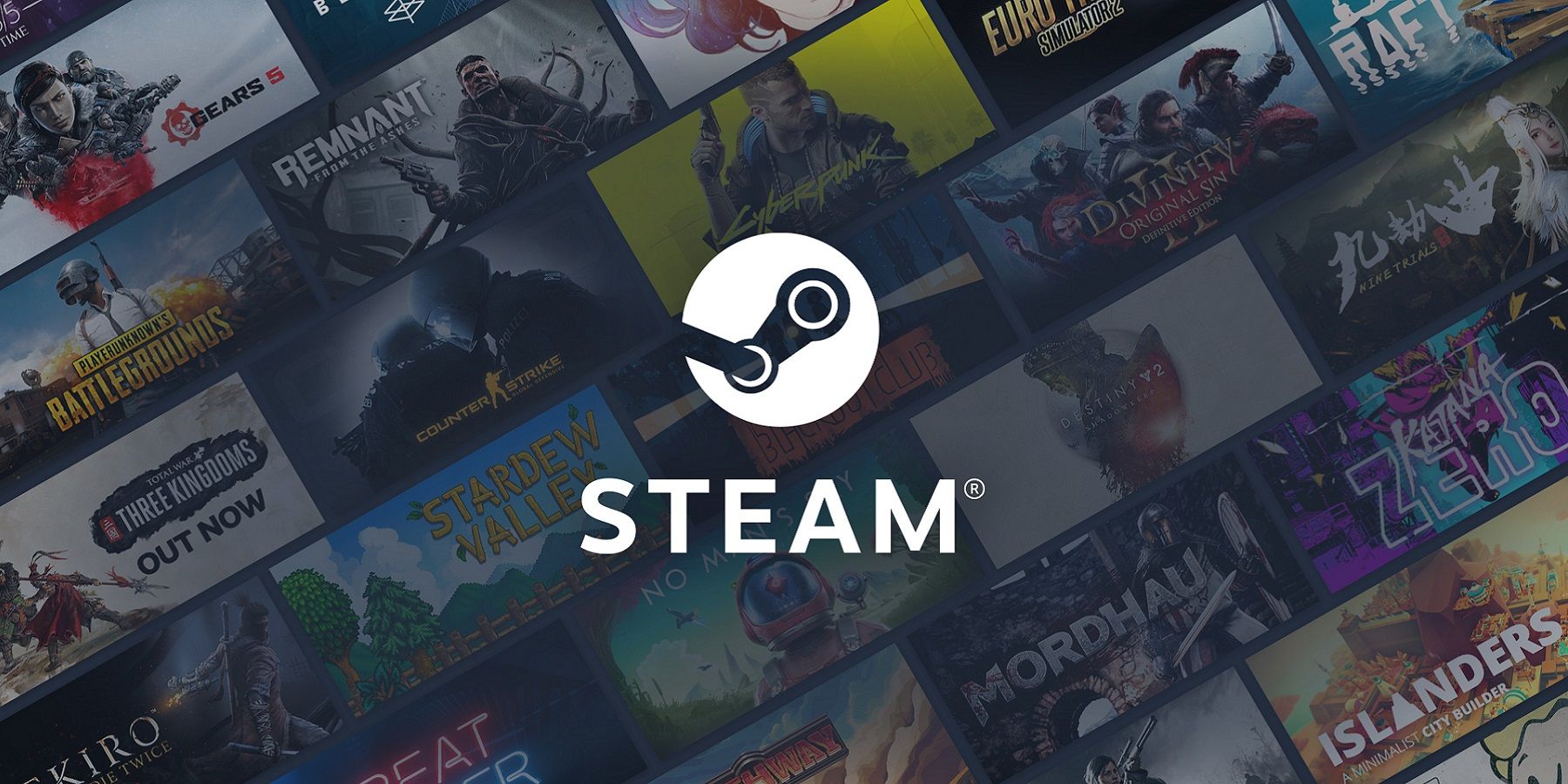 The Steam logo with a series of games behind it, such as Cyberpunk 2077 and Gears 5.