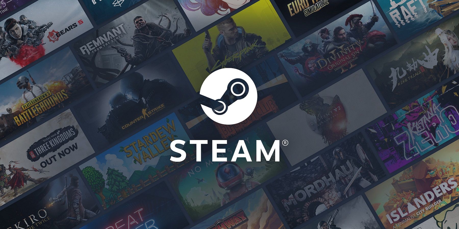 The Steam logo with a series of games behind, such as Cyberpunk 2077 and Gears 5.