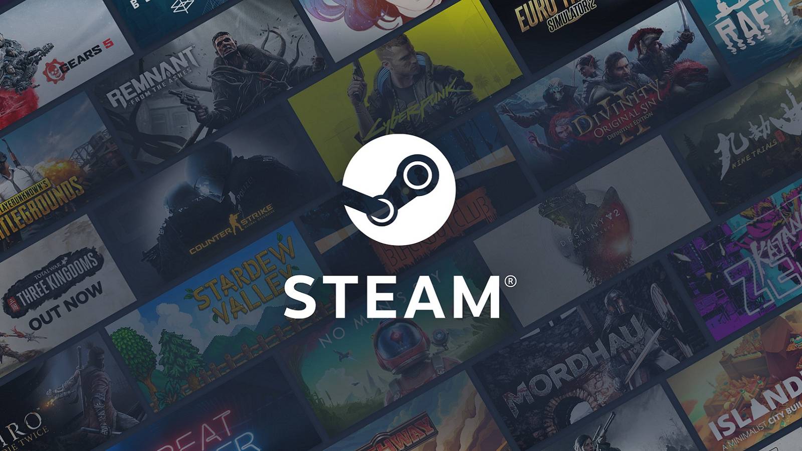 The Steam logo with a series of games behind, such as Cyberpunk 2077 and Gears 5.