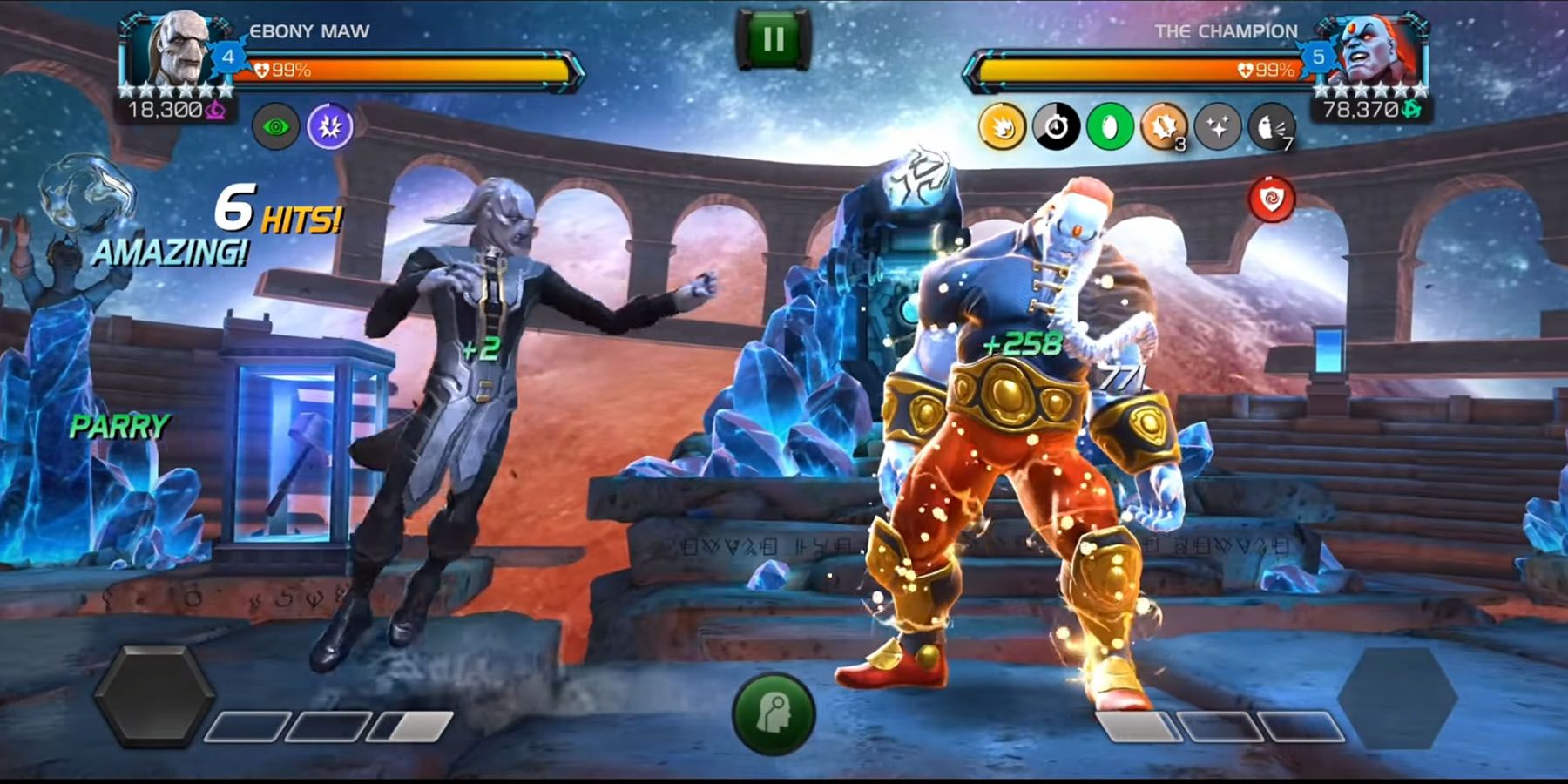 Various Marvel characters fighting in Marvel Contest of Champions