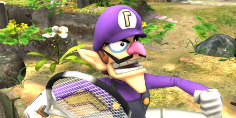Waluigi with a tennis racket in Smash 
