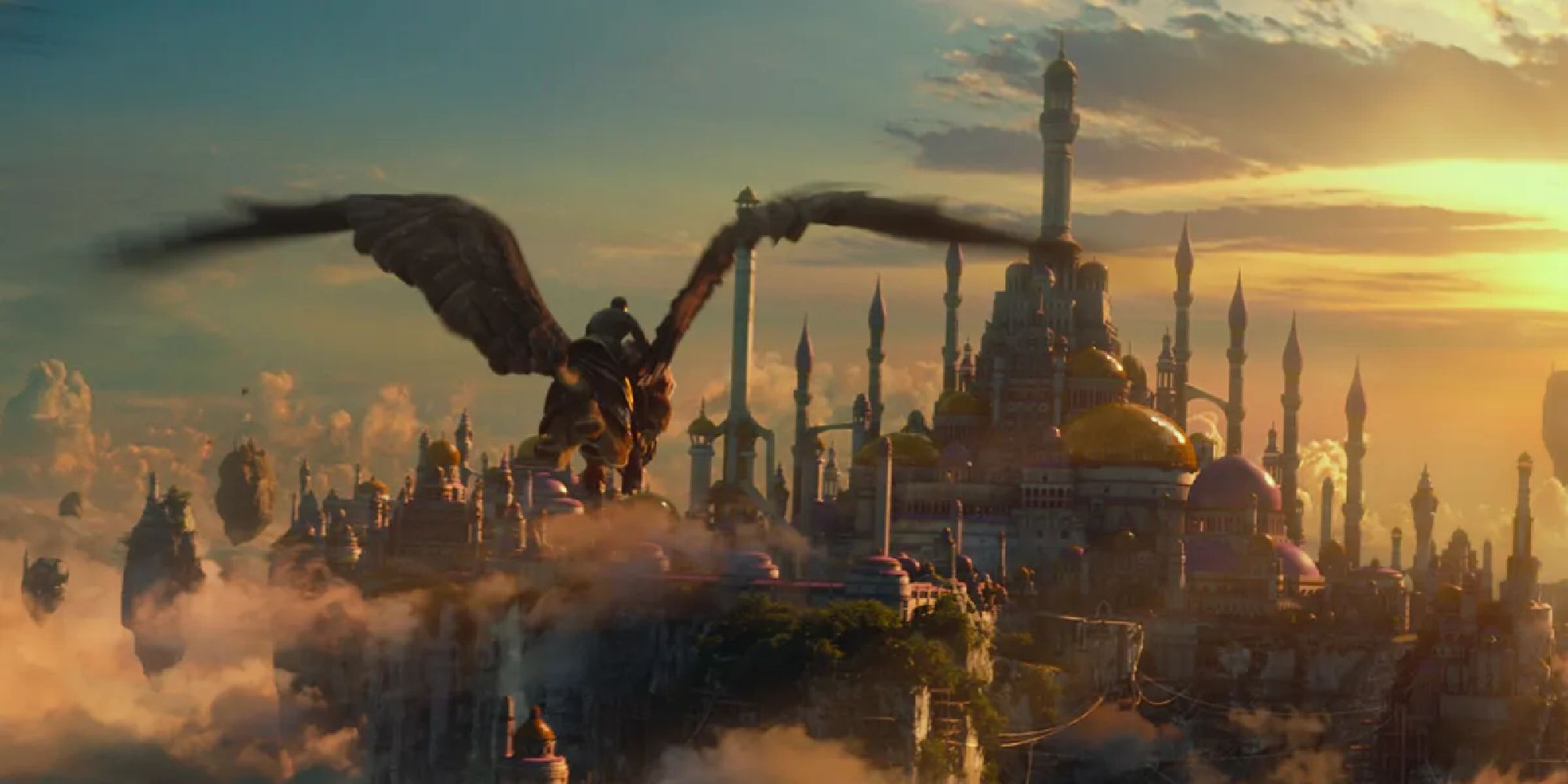 A rider on a griffin flies towards the skyline of a majestic city.